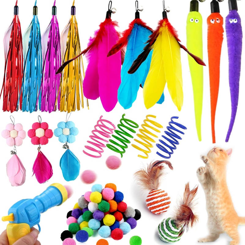 Cat Toys Interactive Cats Pom Pom Balls Launcher Feather Toy Replacement Teaser Toys for Indoor Cat Kitten Toys Supplies (Style 01) Style 01