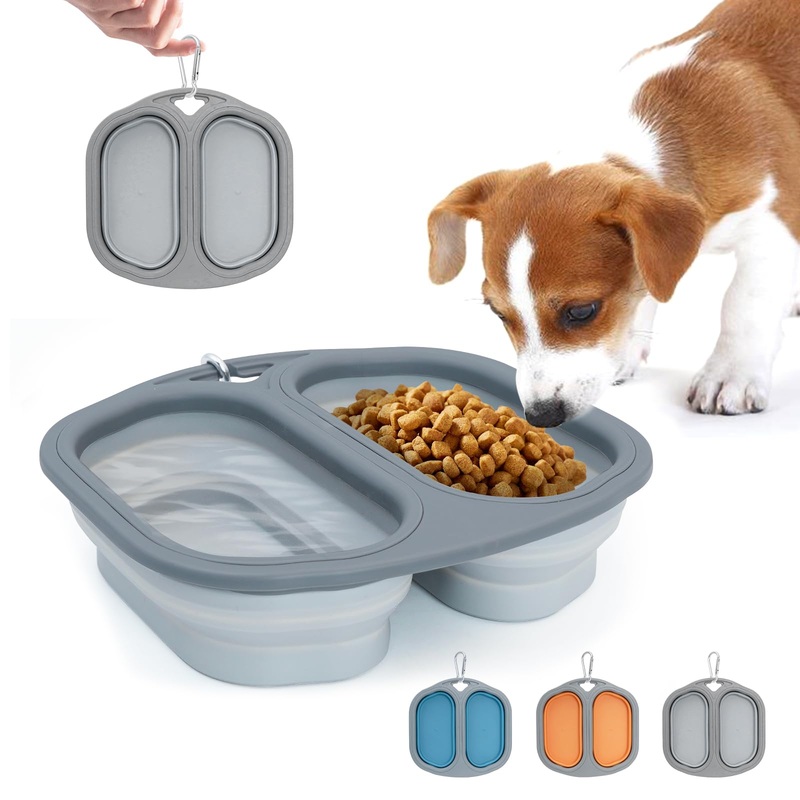 Collapsible Dog Bowls 2 in 1 Portable Dog Bowls Dog Travel Water Food Bowls with Carabiner, Perfect for Small Dogs and Cats, Compact and Lightweight, BPA Free, Grey