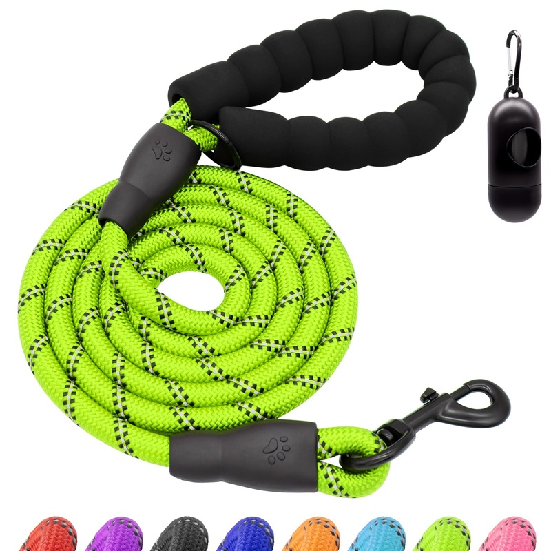 Dog Leash Heavy Duty, 4/5/6FT Reflective Rope Dog Leash with Soft Padded Handle, Strong Dog Leashes for Small Medium Large Breed Dogs with Poop Bag Holder, 6’*1/2”, Green 6’*1/2”