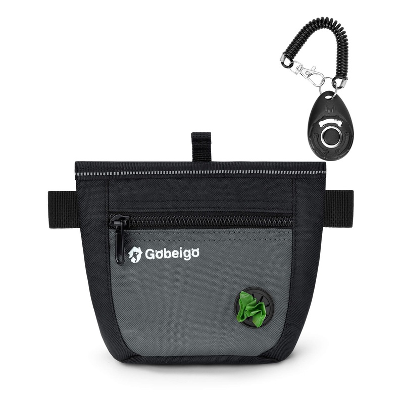 Dog Treat Pouch and Training Clicker, Upgrade Two Magnetic Closure to Prevent Spills, 2 Cup Treat Bag with Poop Bag Dispenser, Metal Clip Waist Belt Fanny Pack for Pet Walking (Black/Gray) Black/Gray