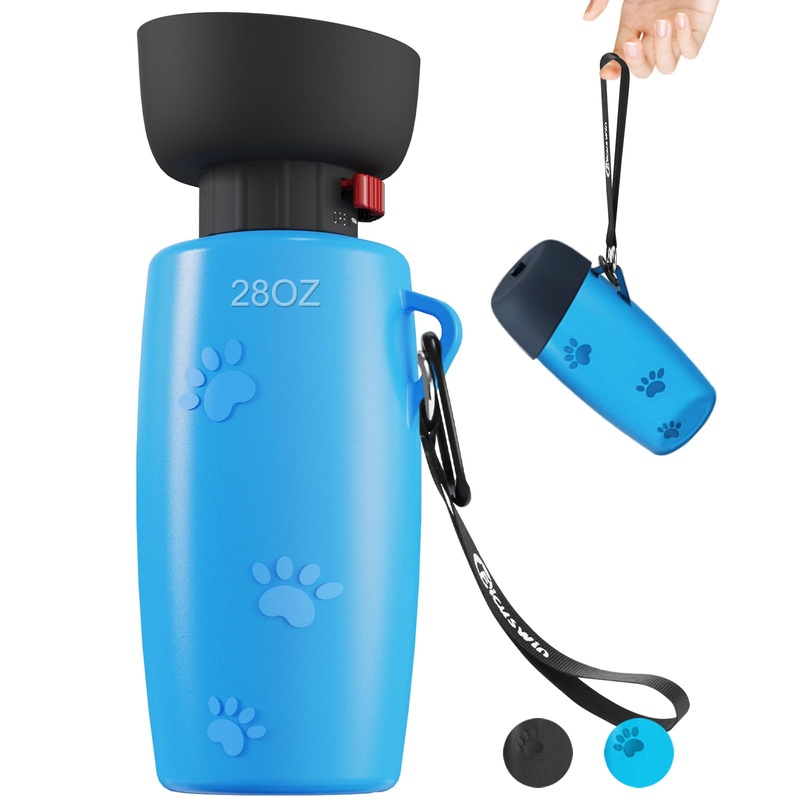 Dog Water Bottle, 28 oz Leak Proof Portable Pet Water Bottles for Dogs, Multifunction Design with Bowl Cap, Food Grade Silicone, Dog Water Bottle Dispenser for Puppy Walks, Hiking – Blue