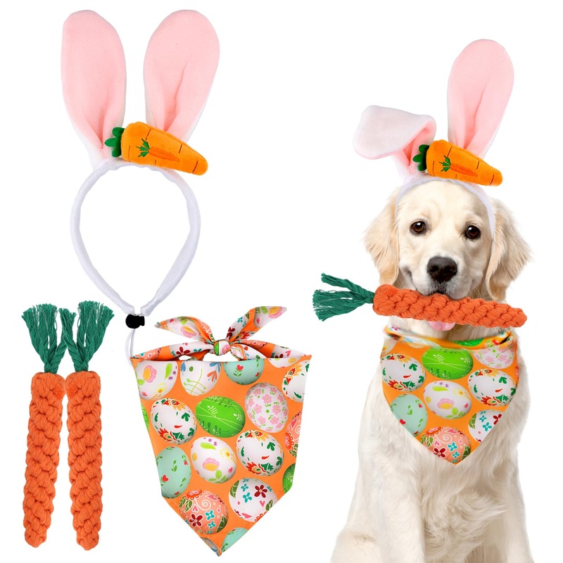 Easter Dog Costume, Easter Dog Bandana Dog Bunny Ears Headband Carrot Dog Chew Toy Dog Easter Outfit Easter Puppy Toy for Holiday Party Cosplay