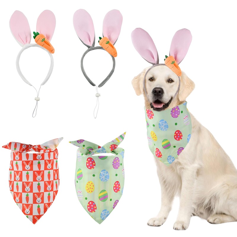 Easter Dog Costumes Set Dog Easter Outfits Bunny Ears Headband with Cute Carrot & Reversible Easter Themed Pattern Bandana Set for Small Middle Large Size Dog (2 Sets)