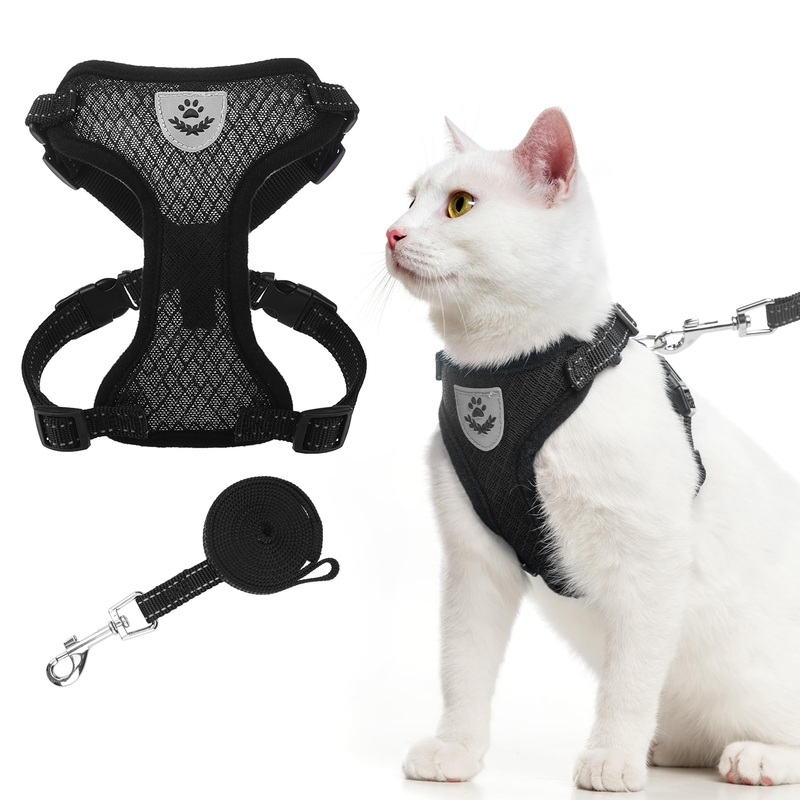 EXPAWLORER Cat Harness and Leash Set – Adjustable Escape Proof, Soft Reflective Vest Harness for Outdoor Walking, Breathable Lightweight Jacket for Small Medium Cats Black
