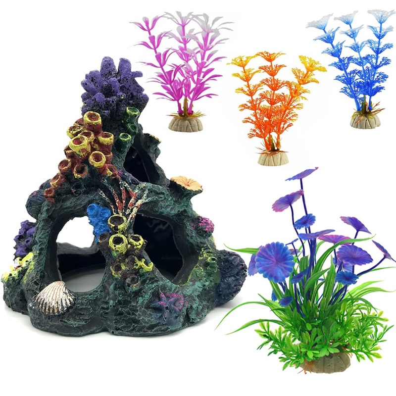 Fish Tank Decoration Aquarium Colorful Coral Reef Set Decor Accessories for Betta Sleep Rest Hide Play Breed, Coral Mountain x 1, Aquatic Plant x 4