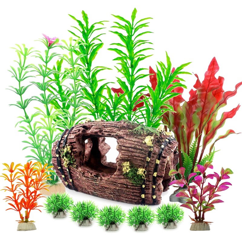 FUNOJOY Broken Barrel Fish Tank Decor – 11pcs Artificial Plants Aquarium Accessories Fish Tank Ornaments for Betta Fish Cave Hide Tank Decorations A-1