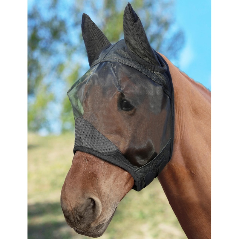 Horse Fly Mask Half Face with Ears, Full Face UV Protection for Horses, Breathable Fine Mesh Equine Fly Mask, Horse Large Black