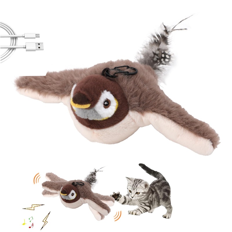 Interactive Cat Toys, Rechargeable Flapping Wings Sparrow Cat Toy with Catnip, Touch Activated, Lifelike Bird Chirp, for Kicking Fluffy Plush Toys for Kitten Cat Exercise