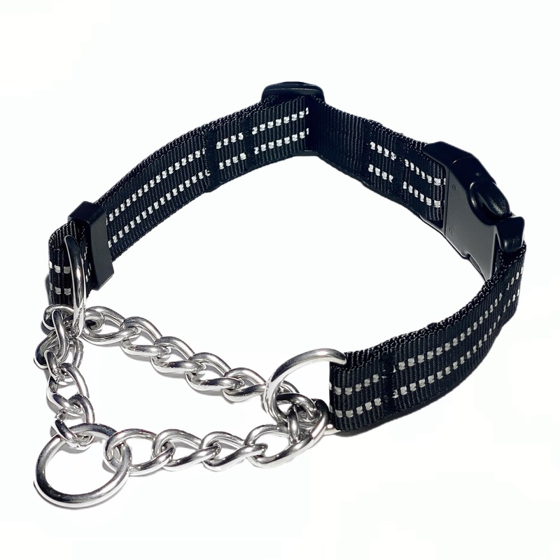 Martingale Collars for Dogs, Heavy Duty Stainless Steel Chain Training Collar, Reflective Nylon Adjustable Collar with Quick Release Buckle, Suitable for Puppy Medium Large Dogs((Black, XS) Extra Small-(for dog’s neck 11”~13.5”) Black