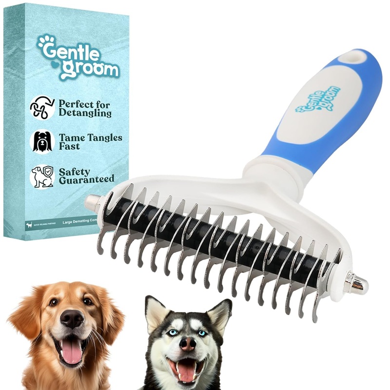Pet Grooming Brush – Cat Dog Rake Brush for Shedding for Short, Long Hair or Double Coat, Dual Sided Dematting Comb for Dogs Tangles, Undercoat Rake for Dogs for Pet Hair Tool Maintenance