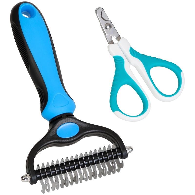 Pet Grooming Brush & Nail Clipper – Double Sided Shedding, Dematting Undercoat Rake for Dogs, Cats – Extra Wide Dog Brush for Shedding, Cat Brush & Cat Nail Clipper, Kitten Nail Trimmers – Set of 2