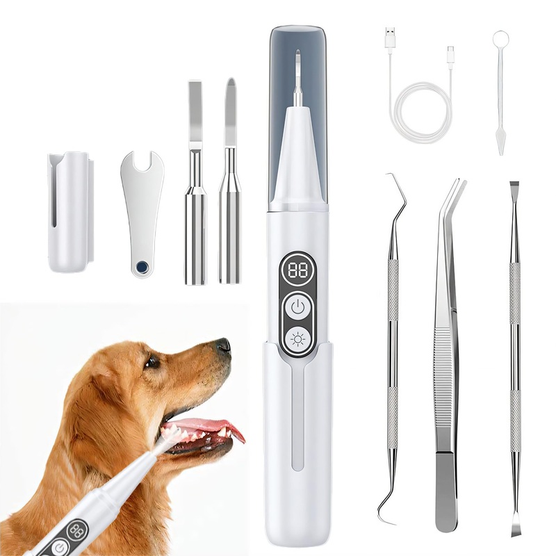Plaque Remover for Teeth,Dog Tooth Brushing Kit,Pet Ultrasonic Teeth Cleaning Kit,Safe for Dog and Cat, with LED Light,White