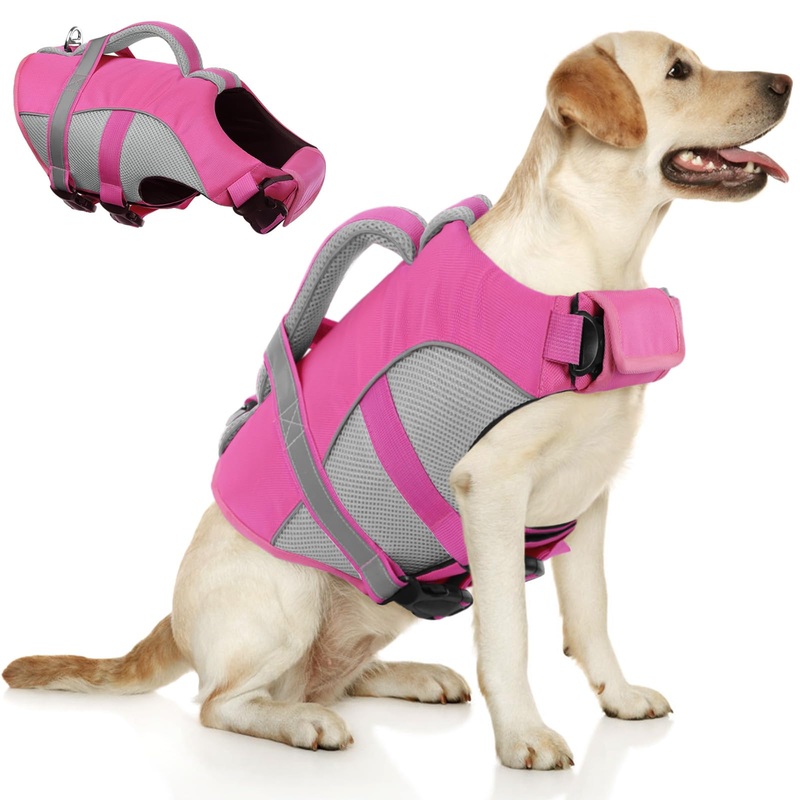Queenmore Dog Life Vest for Swimming, Adjustable High Visibility Dog Life Jacket, Dog Lifesaver with Superior Buoyancy and Rescue Handle, Dog Swimming Safety Vest for Medium DogsPink,M Pink