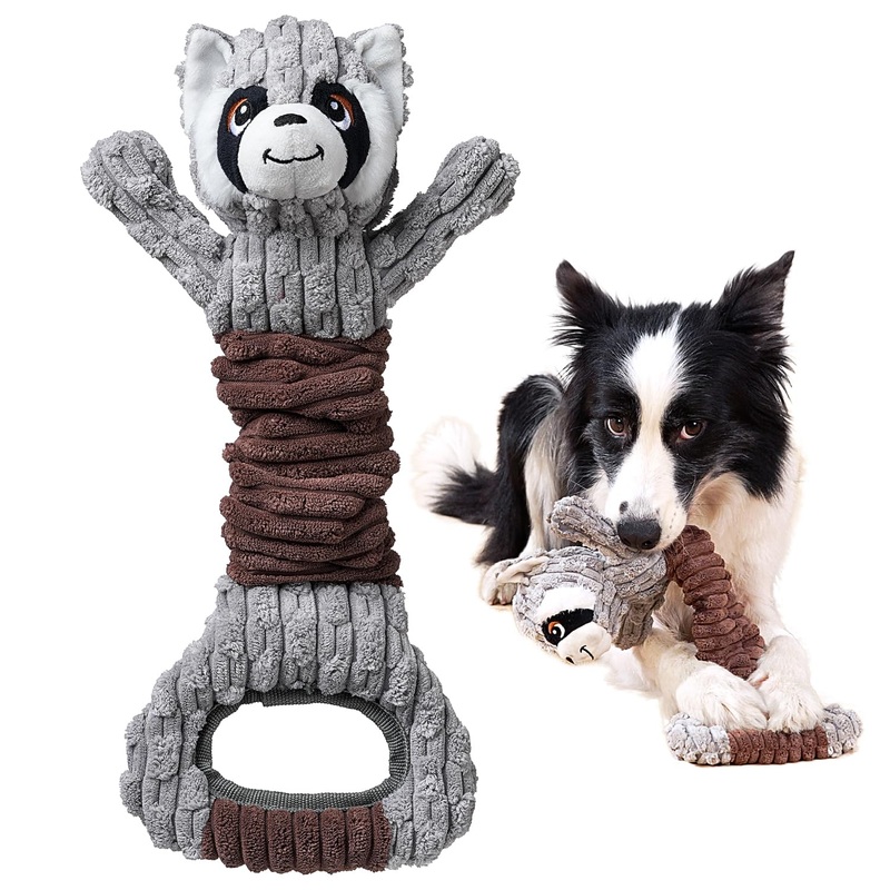 Sedioso Tug of War Dog Toy, Durable Large Breed Dog Toy, Though Stuffed Dog Squeaky Toy with Crinkle Paper for Small, Middle and Big Dogs(Raccoon) Grey Raccoon
