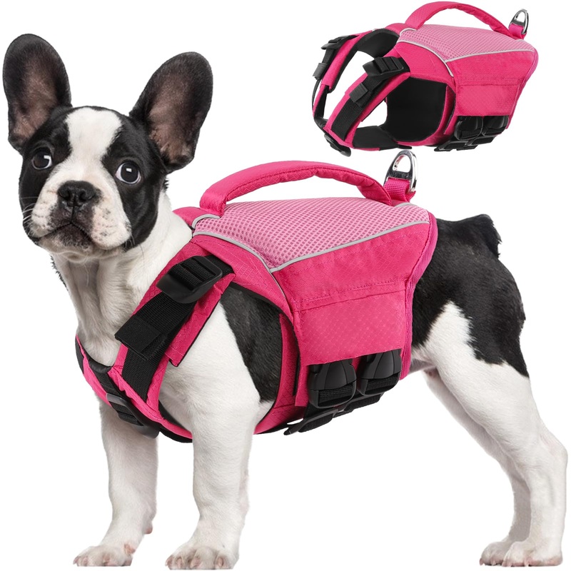 SUNFURA Dog Life Jacket, Reflective Dog Life Vest with High Flotation for Swimming Boating, Adjustable Lightweight Dog Life Preserver with Rescue Handle for Small Medium Large Dogs, Pink XS X-Small