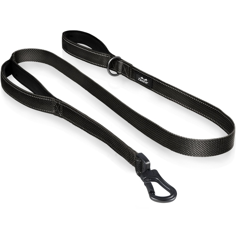 TwoEar 4FT Strong Black Dog Leash with 2 Handles, Traffic Handle Extra Control, Comfortable Soft Dual Handle, Auto Lock Hook, Reflective Walking Lead for Small Medium and Large Dogs