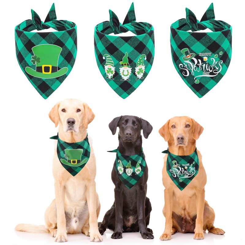 Vehomy St. Patrick’s Day Dog Bandanas Reversible Plaid Dog Bandana Buffalo Dog Bandanas with Shamrock Leprechaun Pattern Saint Patrick’s Day Pet Triangle Scarf for Dogs Puppies Cats 3Pcs