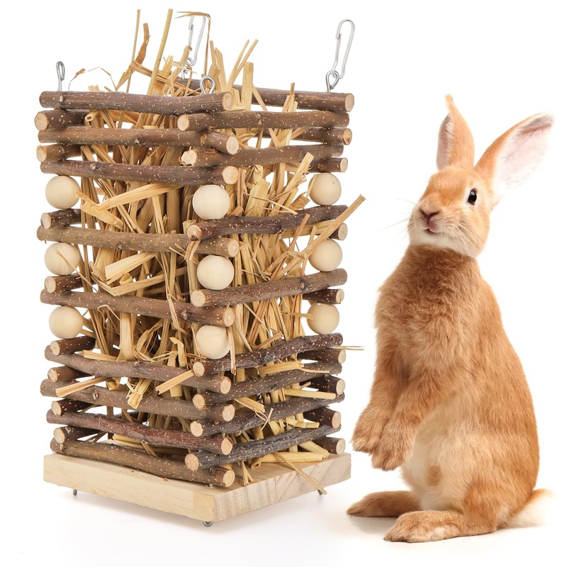 Wood Rabbit Hay Feeder, Hanging Grass Holder with 2 Hooks, Small Animals Feeding Hay Manager for Cage, Bunny Hay Feeder Rack for Chinchilla Guinea Pig Hamster Gerbil