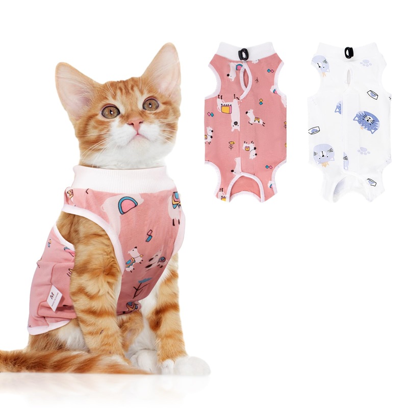 2 PCS Cat Recovery Suit for Spay Abdominal Wounds, Cat Onesie for Cats After Surgery, Cat Surgery Recovery Suit Female Breathable E-Collar Alternative Kitten Onesie for Cats Anti Licking (Medium) Sheep+Cat Medium
