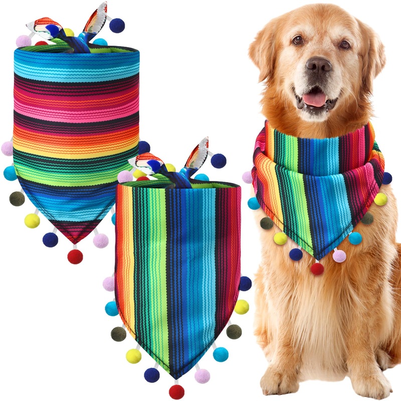 2 Pcs Mexican Dog Bandana Multicolor Cinco De Mayo Fiesta Dog Scarf Summer Mexican Dog Triangle Bib Adjustable Pet Neckerchief with Pom Poms for Small Medium Dogs Cats Pets