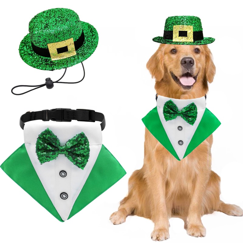 2 PCS St. Patrick’s Day Costume Dog Bandana Collar and Pet Top Hat Buckle Green Dog Bow Tie Formal Tux Clothes with D-Ring Irish Tuxedo Saint Patrick Outfits for Dogs Puppy Cat Party Dress (Large) Large