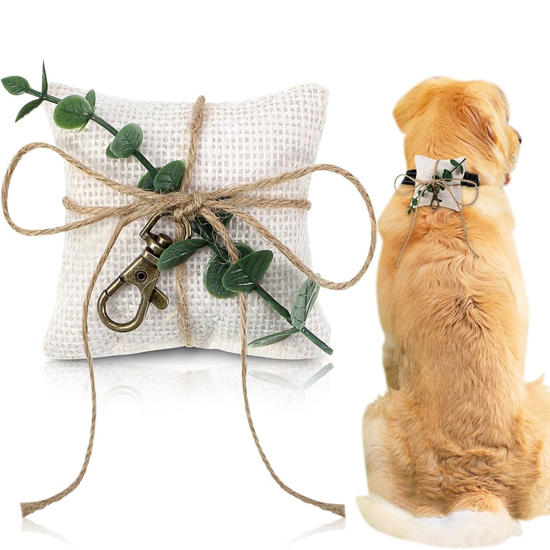 3″ x 3″ Dog Ring Bearer Wedding Ring Pillow with Ring Clasp Off Burlap White Wedding Ring Pillow with Greenery Pet Accessory 3″ x 3″