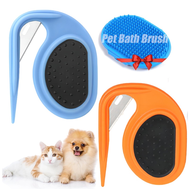 4PCS Knotting Comb, Knotting Comb for Cats, Pet Knotting Comb, De Knotting Comb for Dog, Knotting Comb Pet Grooming Tool for Removing Tangled Hair 2PCS-Green+Orange(with dog bath brush)