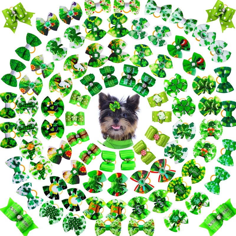 80pcs St.Patrick’s Day Dog Bows, Holiday Pet Dog Hair Grooming Bows with Rubber Bands, St.Patrick’s Day Green Lucky Clover Element Dog Hair Bows for Dog Puppy Yorkie Hair Accessories