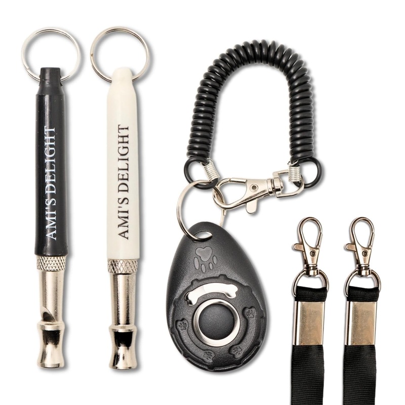 Ami’s Delight Dog Whistle Set of 5 | 2PCS Premium Quality Adjustable Dog Whistles with 2 Black Lanyards and a Dog Clicker | Ultrasonic Dog Whistle to Stop Barking Neighbors Dog
