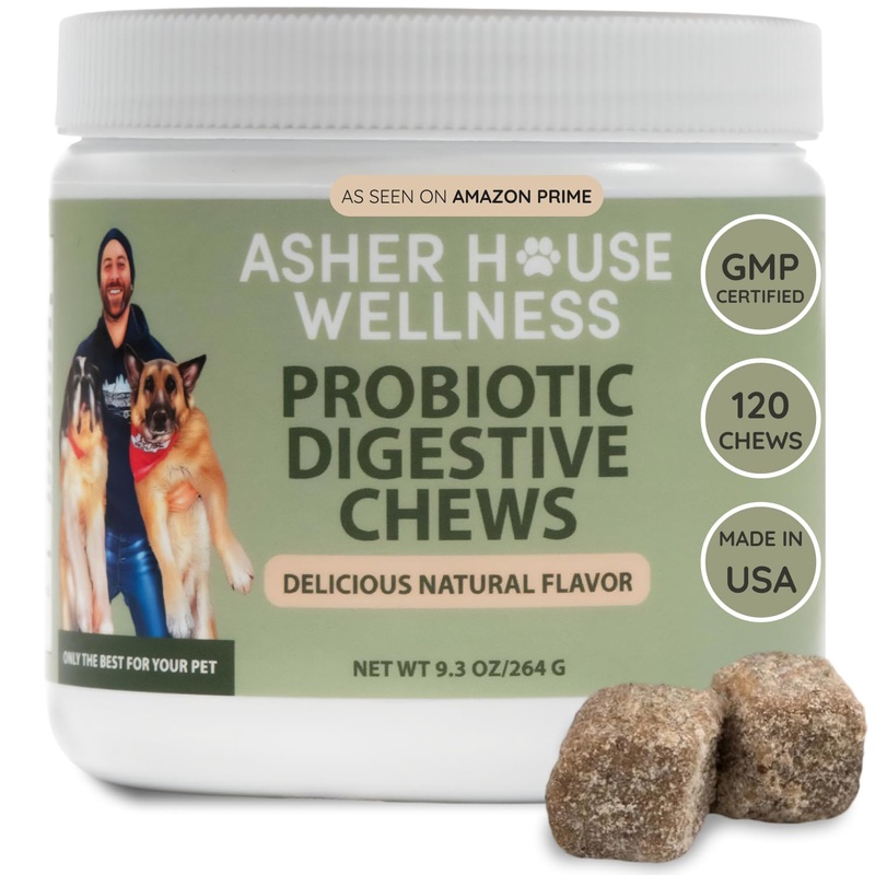 Asher House Wellness Probiotics Digestive Chew for Dogs – Dog Probiotic, Digestive Enzymes for Gut Health & Digestion – Pet Chews for Diarrhea, Upset Stomach, Allergies, Itchy Skin Relief, 120 Chews