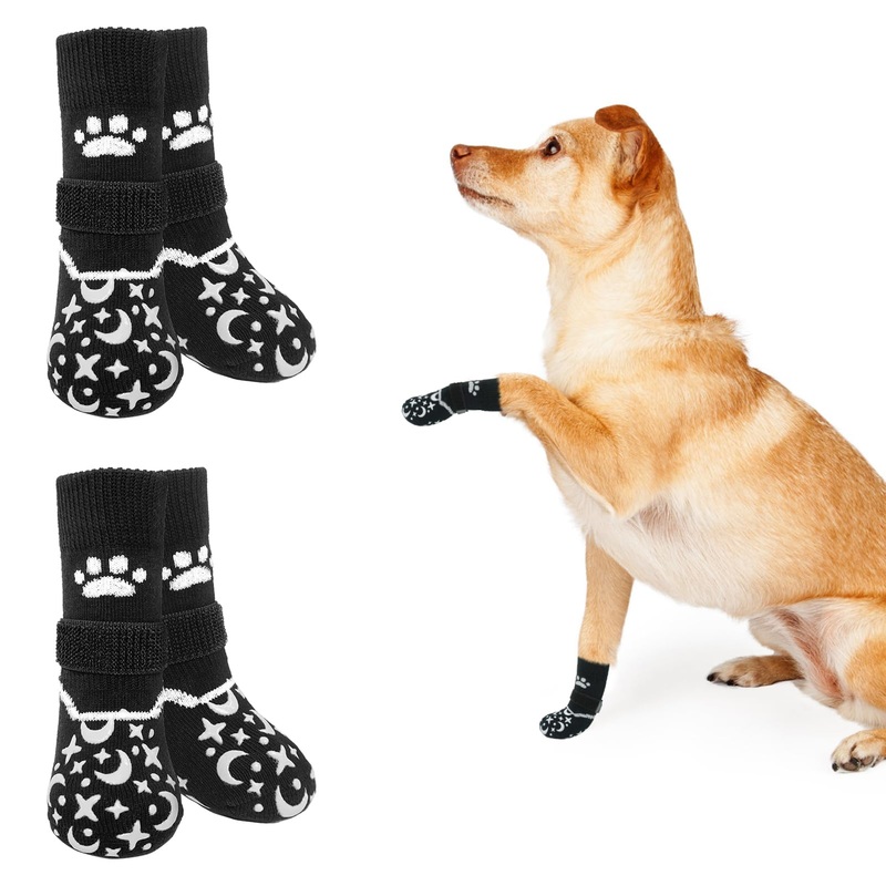 BEAUTYZOO Reflective Anti Slip Dog Socks to Prevent Licking Paws,Dog Shoes for Hot Cold Pavement Hardwood Floors,Anti Twist Paw Protectors Double Sided Thick Grips,Small Medium Large Senior Dogs Boots Black S(Pack of 4)