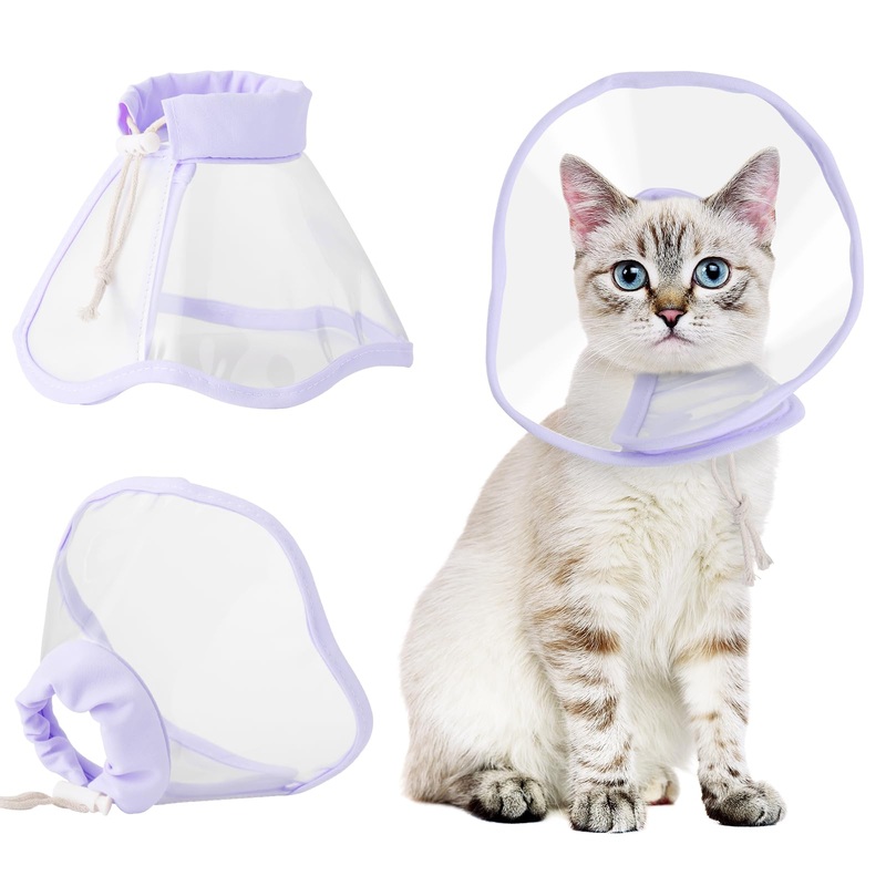 BENCMATE Cat Cone, Drawstrings Cat Cone Collar with Low Noise Fasteners, Transparent Cat Recovery Collar, Licking and Scratching Free Cone, Extra Soft Cat Surgery Collar (Purple,Medium) [Neck:9-10″] Medium Lavender