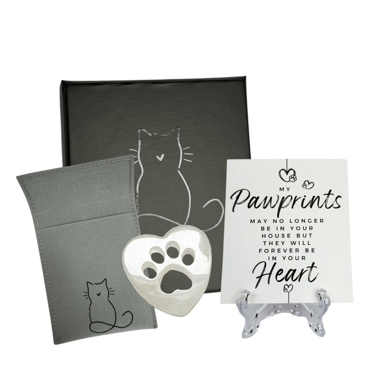 Cat Memorial Gift Box Crystal Remembrance Stones Pawprints on Our Hearts + Poem Sympathy Card Cat for Pet Loss Cat (White Quartz) White Quartz