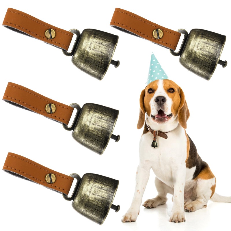Coloch Set of 4 Dog Collar Bell with PU Leather Button Strap, Grazing Copper Loud Small Cow Bell Pet Anti-Theft Bell Pet Tracker Noise Maker for Puppies, Cat, Sheep, Cow