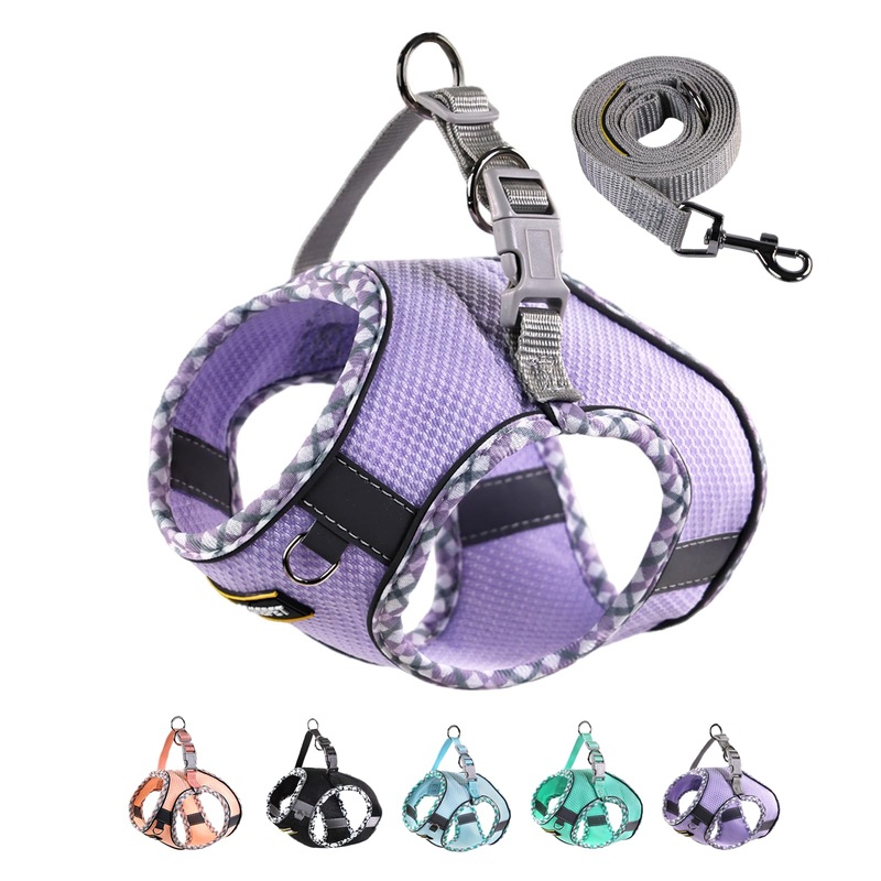 Dog Harness & Leash Set Adjustable for Small Medium Puppies, No Pull & Step in, Mesh Reflective Vest Harnesses for Walking Running Training, M Purple Edging Edging-Purple