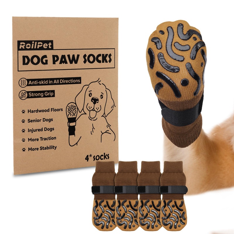 Double Sides Non-Slip Dog Socks to Prevent Licking Paws – Strong Traction for Paw Protector, Senior Dogs, Hardwood Floors, Dog Booties with Grippers – X-Large Caramel X-Large(Pack of 4)