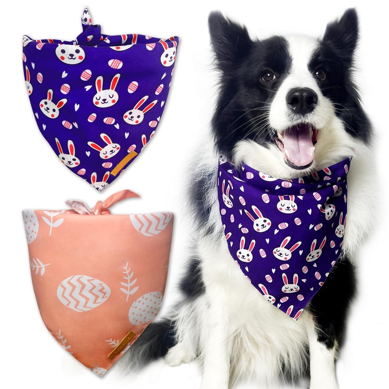 Easter Dog Bandanas 2Packs, Spring Bandanas for Large Dogs, Rabbit Eggs Pattern, Triangle Reversible Holiday Bandana for Large Dog, Easter Pet Scarf, Durable Fabric, Dog Bibs Dog Scarf(X-Large) Easter Day(Spring) X-Large