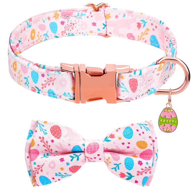 Easter Dog Collar with Bow Pet Easter Collar for Girl or Boy Dog, Adjustable Easter Bunny and Egg Dog Collars with Metal Buckle and Charms for Small Medium Large Dogs (M13-20″, Pink) A-Pink M13-20″