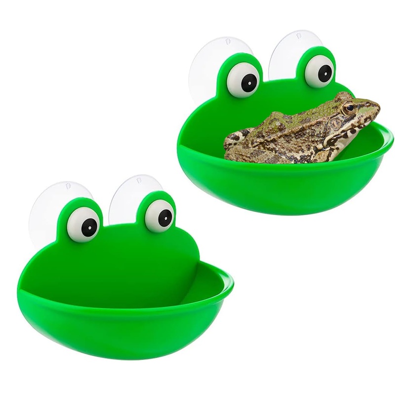 Frog Habitat with Suction Cup, 2 Pcs Cute Fish Tank Accessories Frog Dish Holder Frog Decor Frog Terrarium Decor for Tree Frog Toad Tadpole, Plastic, Green