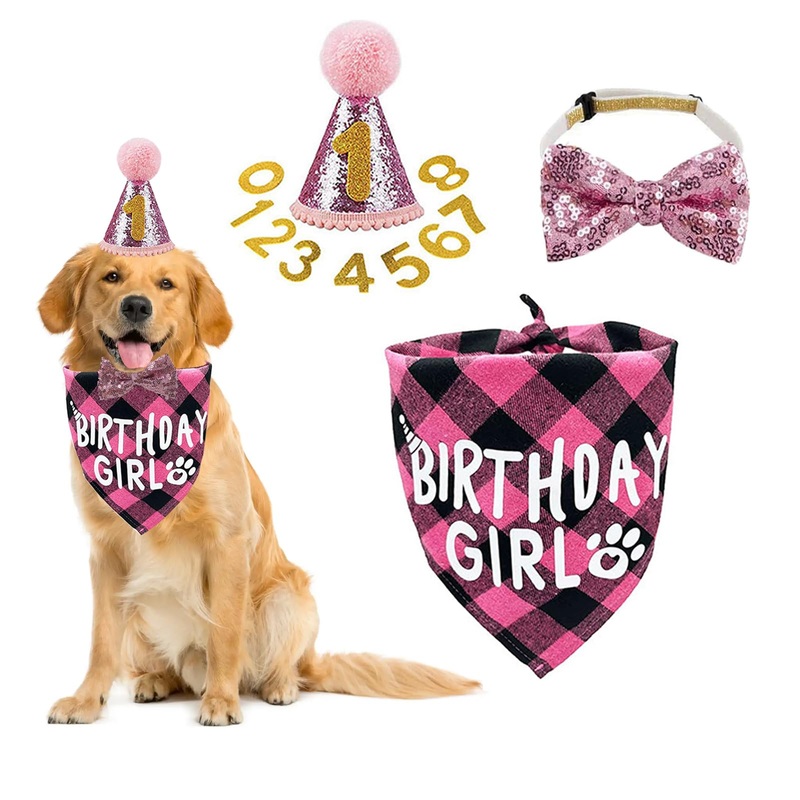 Girl Dog Birthday Hat,Dog Birthday Party Supplies,Dog Birthday Outfit,Birthday Girl Dog Bandana with Bow Tie Numbers Dog Party Hat Dog Birthday Decorations for Medium Large Dogs Pets,Pink Pink