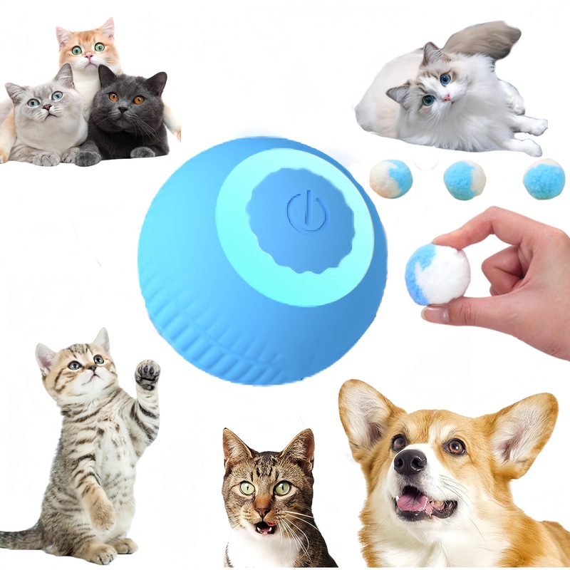 Interactive cat Toy Cute Puff Balls Fun Kitty Fuzzy Balls Small Cat Power Ball 2.0 cat Toys for Indoor Cats Interactive Soft Quiet Cat Toy Balls 4pcs (Blue)
