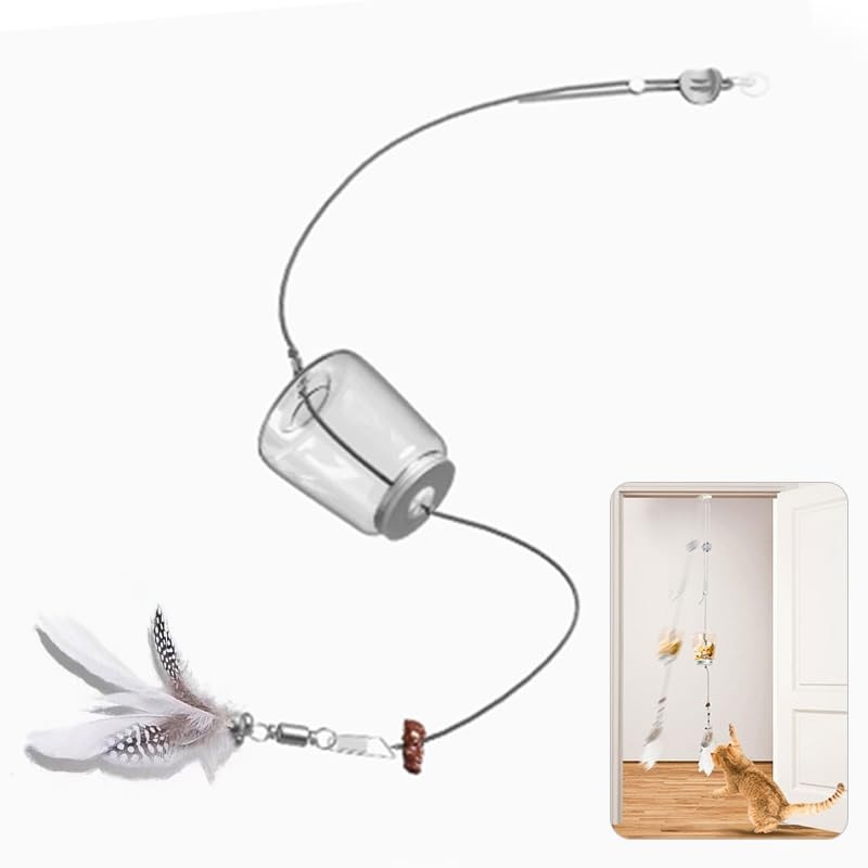 Interactive Hanging Cat Toy, Retractable Teaser with Treat Dispenser, Interactive & Fun Feather Toy for Indoor Kittens – Promotes Play, Chase, Exercise & Mental Stimulation