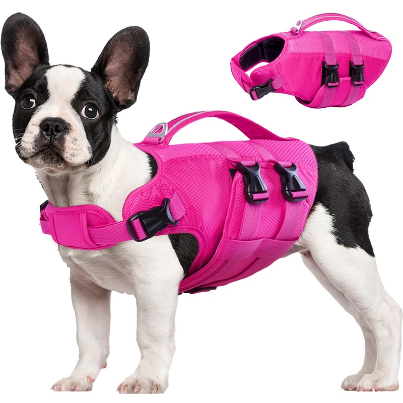 Kuoser Dog Life Jacket, Small Dog Life Vest for Swimming Boating, Dog Flotation Vest Pet Preserver with Handle, High Flotation Vest Safety Lifesaver for Swimming Pool Beach Boating X-Small (Chest Girth:12.9-18.1”) Rose