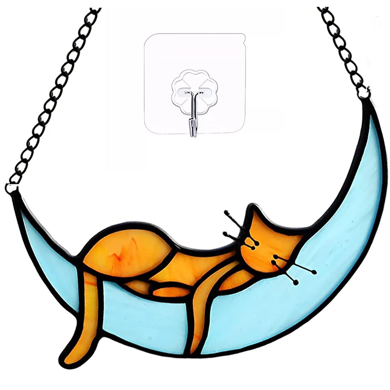 Orange Cat Decor, Cat Memorial Gifts for Cat Lovers, Stained Glass Window Hangings Decor for Sleeping Cat on Moon, Pet Memorial Sympathy Gifts for Patio, Window, Car (Sleeping Cat-Orange) Sleeping Cat-orange