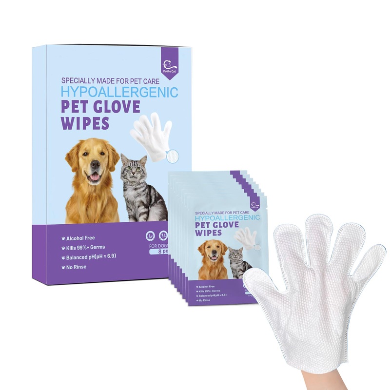 Pet Glove Wipes for Dogs & Cats 8 PCS,Bathing Wipes for Dogs and Cats,Hypoallergenic with Coconut Oil Nourishing Grooming Fur,Cat Dog Cleaning Gloves Wipes,Deodorizing Gloves for Pet Daily Care