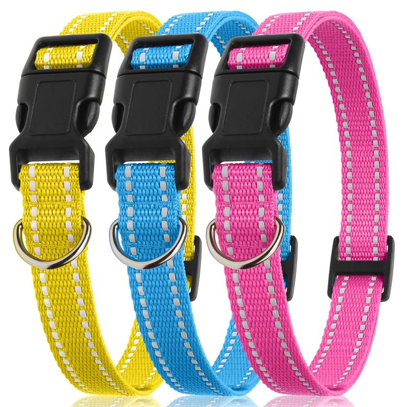 PetJoy 3-Packs Replacement Collar for Shock Collar, E Collar Bark Collar Replacement Strap, Durable Nylon Adjustable Dog Collars – Length 8-27 Inches, Quick Release Buckle and D-Ring Blue& Pink& Yellow