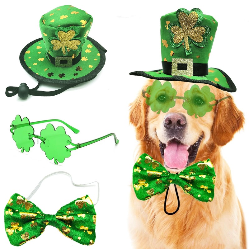 St Patrick’s Day Dog Costume 3 Pcs Irish Leprechaun Green Tall Hat Pet Shamrock Sunglasses Bow Tie Kit for Medium Large Dogs Saint Patricks Day Parties Dog Outfits (Bow Tie 3PCS Set, Green) Bow Tie 3PCS Set