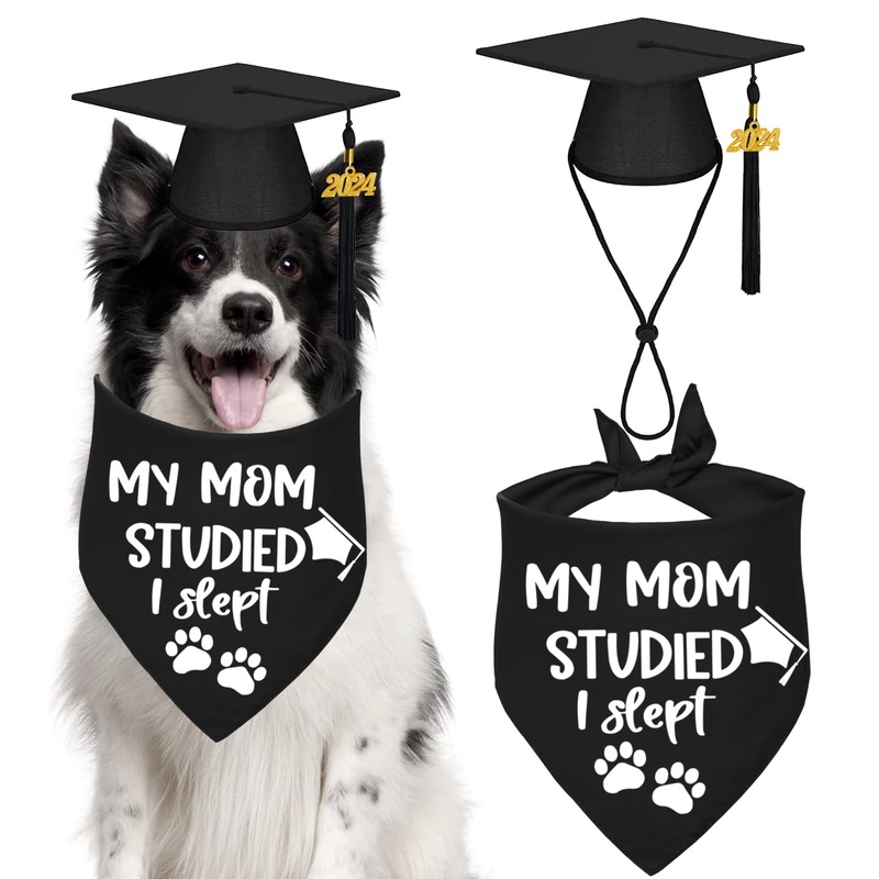 STMK Dog Graduation Cap Bandana, Graduation Dog Cap with 2024 Tassels Dog Graduation Outfits Gifts Graduation Bandana for Small Medium Large Dogs (Black, Cap & My Mom Studied I Slept Bandana)