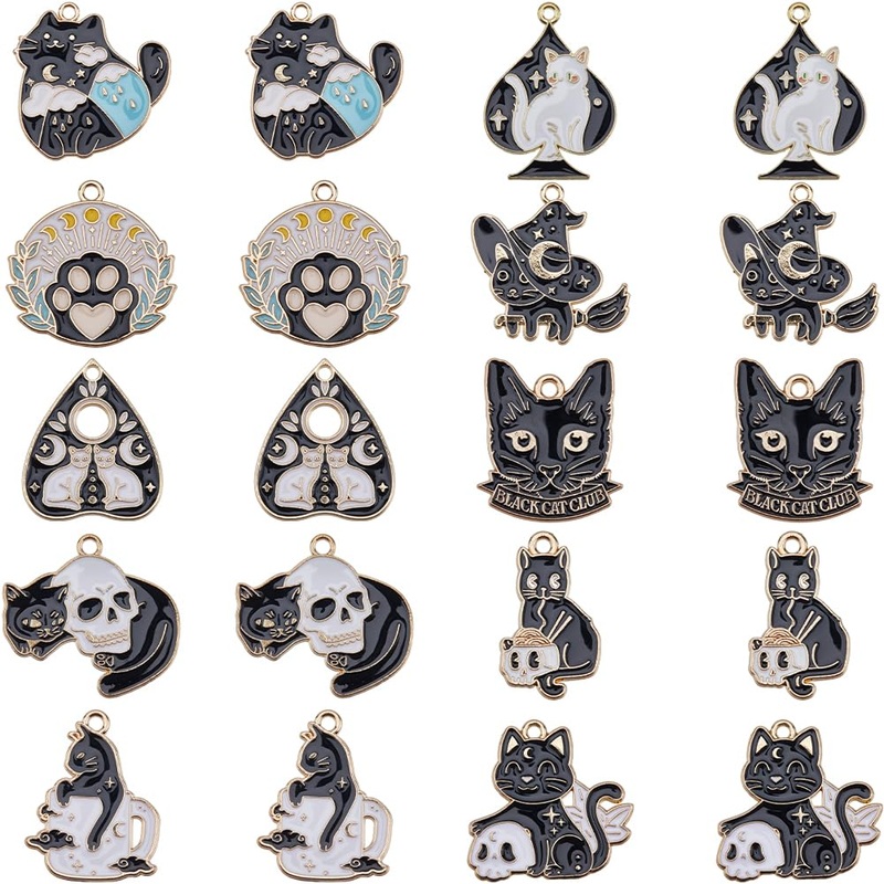 SUNNYCLUE 1 Box 20Pcs 10 Styles Gothic Cat Charms Black Kitty Charm Bulk Alloy Enamel Goth Pet Animal Cats Head Ouijas Magic Skull Tarot Halloween Charms for Jewelry Making Charm Necklace DIY Supply