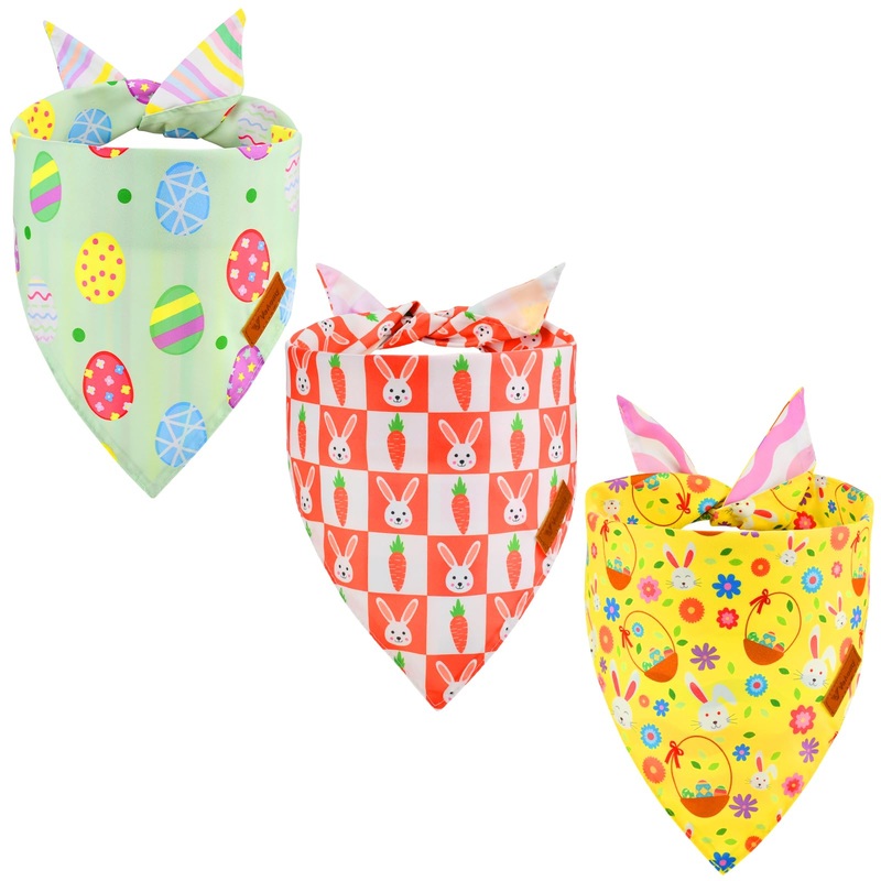 Vehomy Easter Dog Bandanas 3Pack Reversible Pet Spring Scarf Dog Triangle Scarf Puppy Rabbit Easter Egg Carrot Pattern Pet Bandana Bib for Small Medium Large Dogs